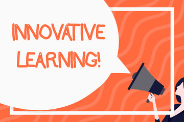 Poster - Word writing text Innovative Learning. Business photo showcasing Interdisciplinary teaching that stirs analytic thinking Huge Blank Speech Bubble Round Shape. Slim Woman Holding Colorful Megaphone