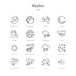 set of 16 weather concept vector line icons such as sand storms, sleet, snow storms, sprinkle weather, starry night, stormy, subtropical climate, sunshine. 64x64 thin stroke icons