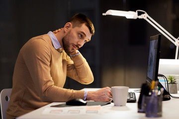 Canvas Print - business, deadline and health concept - tired man working at night office and having neck ache