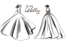 Bride Silhouette Vector Line Art. Beautiful Long Dress . Template For Design Cards