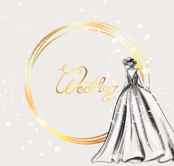 Wedding card bride silhouette Vector line art. Golden frame. Beautiful long dress . Template for design cards