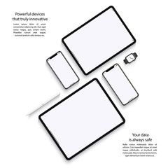 Poster - mockup devices: smartphones, tablets and smart watch with blank screen isolated on white background. stock vector illustration eps10
