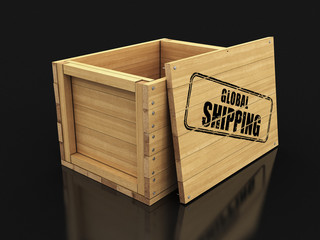 Poster - Wooden crate with stamp Global Shipping. Image with clipping path