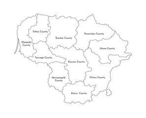 Naklejka na meble Vector isolated illustration of simplified administrative map of Lithuania. Borders and names of the counties. Black line silhouettes
