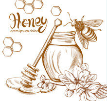 Honey, Bees Jar Vector Line Art Retro Vintage Old Effect Styles