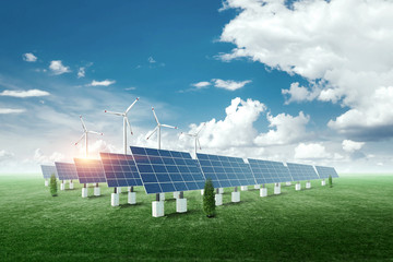 solar panels and wind turbines in front of the horizon in the background. eco green city theme. envi