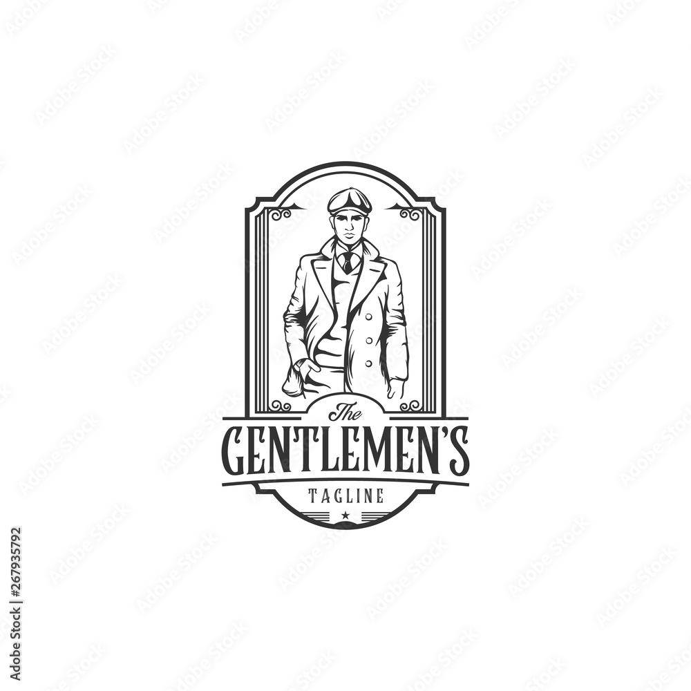 Vintage logo with bold man with a suit. Elegant gentleman logo in ...