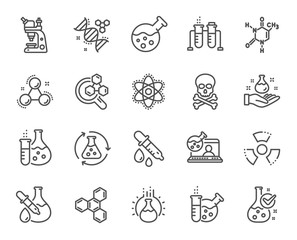 chemistry lab line icons. chemical formula, microscope and medical analysis. laboratory test flask, 