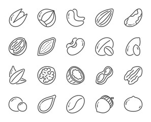 Wall Mural - Nuts and seeds line icons. Hazelnut, Almond nut and Peanut. Sunflower and pumpkin seeds, Brazil nut, Pistachio icons. Walnut, Coconut and Cashew nuts. Pecan, peas, macadamia. Vector