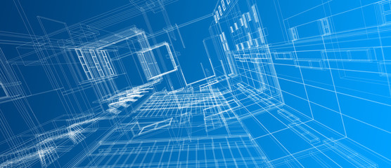 Architecture building space design concept 3d perspective white wire frame rendering gradient blue color background