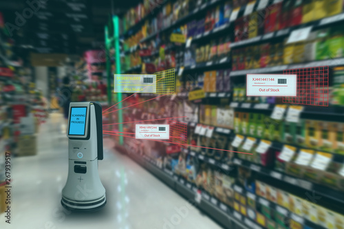 smart retail concept, robot service use for check the data of or Stores that stock goods on shelves with easily-viewed barcode and prices or photo compared against an idealized representation of store