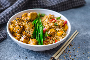 Tofu General Tao with Snow Pea and Fried Rice 