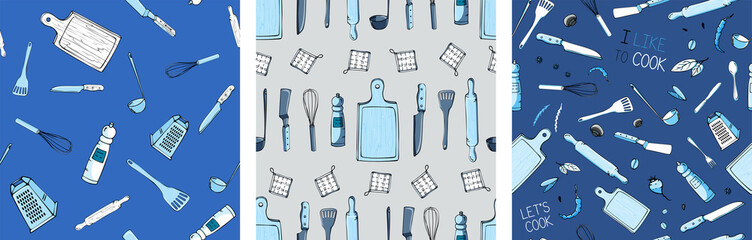 Wall Mural - Set of hand drawn seamless pattern with Kitchen Utensils. Original doodle style drawing for actual design.