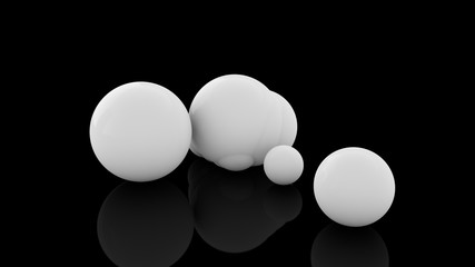 Poster - 3D rendering of many scattered white balls on a black reflective surface. Futuristic image of abstract geometric shapes.