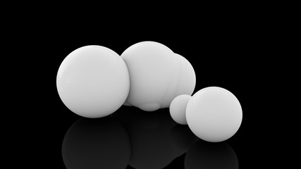 Poster - 3D rendering of many scattered white balls on a black reflective surface. Futuristic image of abstract geometric shapes.