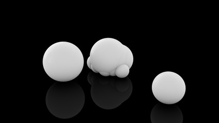 Poster - 3D rendering of many scattered white balls on a black reflective surface. Futuristic image of abstract geometric shapes.