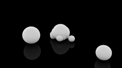 Poster - 3D rendering of many scattered white balls on a black reflective surface. Futuristic image of abstract geometric shapes.