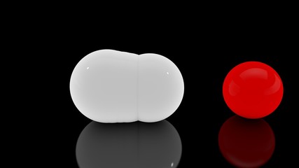 Poster - 3D rendering of a multitude of scattered white balls on a black reflective surface and one red Veta sphere. Futuristic image of abstract geometric shapes.
