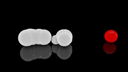 Poster - 3D rendering of a multitude of scattered white balls on a black reflective surface and one red Veta sphere. Futuristic image of abstract geometric shapes.