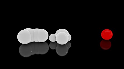 Poster - 3D rendering of a multitude of scattered white balls on a black reflective surface and one red Veta sphere. Futuristic image of abstract geometric shapes.