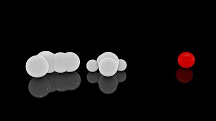 Poster - 3D rendering of a multitude of scattered white balls on a black reflective surface and one red Veta sphere. Futuristic image of abstract geometric shapes.