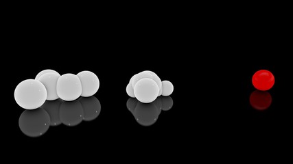 Poster - 3D rendering of a multitude of scattered white balls on a black reflective surface and one red Veta sphere. Futuristic image of abstract geometric shapes.
