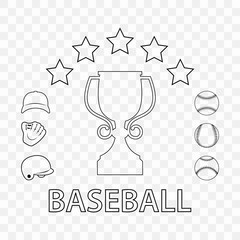 A set of baseball attributes on a transparent background. Silhouettes of icons baseball accessories. Collection of silhouettes: helmet, ball, bat, baseball cap for print, plotter, laser cutting  or fo