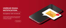 Shiny Mobile Cellphone With Notification Of A New Email On The Screen. Modern Smart Phone Lies On Smooth Dark Red Surface In Isometric View. Realistic Vector Illustration Of Smartphone.