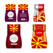Foil food snack sachet bag packaging for coffee, salt, sugar, pepper, spices, sachet, sweets, chips, cookies colored in national flag of Macedonia. Made in Macedonia