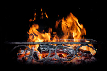 Beautiful flame of fire and burning firewood in the fireplace