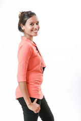 Wall Mural - young indian girl Standing isolated over white background