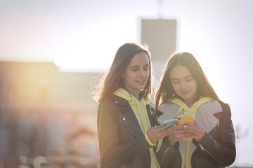 Two happy teenage girls friends using on mobile phone while resting at the park                     