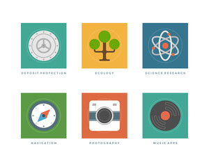 Poster - Business flat design icons, deposit protection safe, science research, navigation compass, photo camera