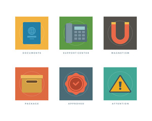 Poster - Business flat design icons, documents passport, support center telephone, package box, approved stamp, attention sign