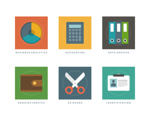 Poster - Business flat design icons, business analytics chart, accounting calculator, data archive, banking service purse