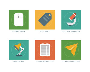 Poster - Business flat design icons, pay per click mouse, discount tag, science microscope, workplace lamp, shopping receipt