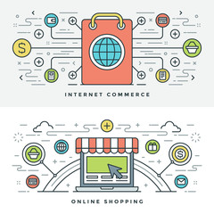 Poster - Flat line Internet Commerce and Online Shopping. Vector illustration.