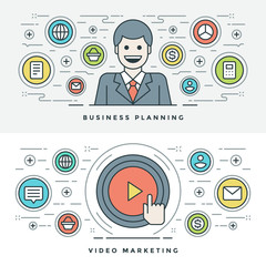 Poster - Flat line Business Planning and Video Marketing. Vector illustration.