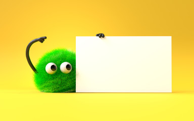 Wall Mural - 3d cute monster holding up a blank sign,colorful cartoon character,empty banner