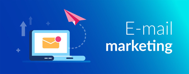 Poster - Email marketing concept. New close letter and paper aircraft on the laptop background. E-mail notification. Flat vector illustration.