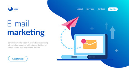 Poster - Email marketing concept. New close letter and paper aircraft on the laptop background. E-mail notification. Flat vector illustration.