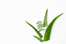Aloe Vera Leaves And Slices On White Background, Space For Text. Natural Treatment
