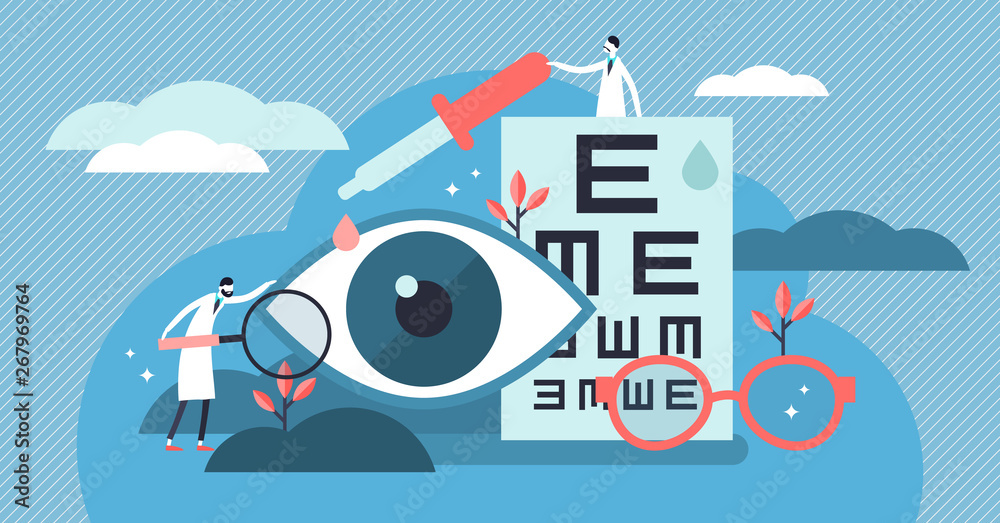 Ophthalmology vector illustration. Flat tiny eyes health persons concept. - obrazy, fototapety, plakaty 
