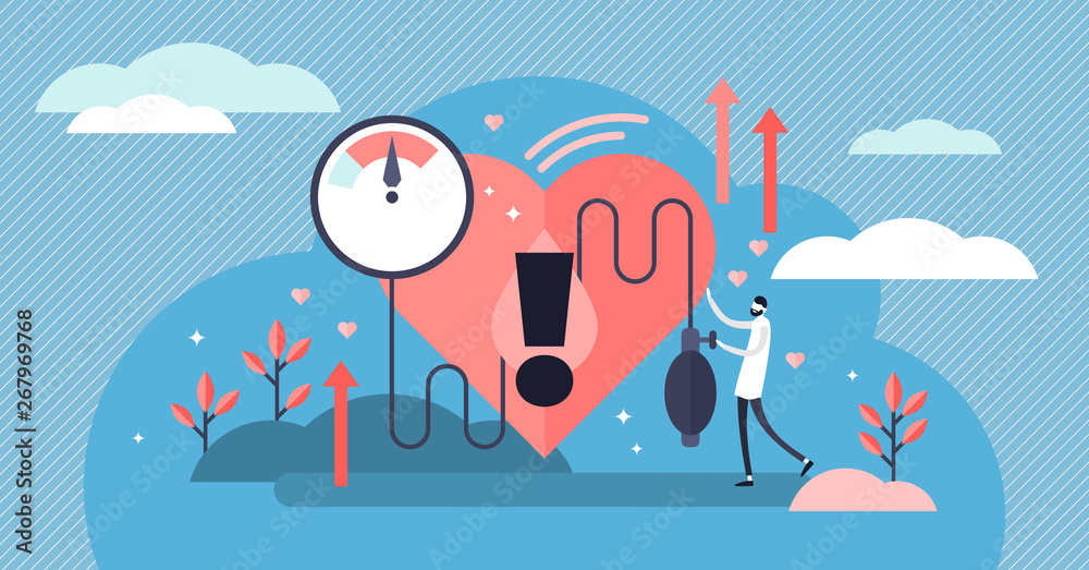High blood pressure vector illustration. Tiny heart disease persons concept - obrazy, fototapety, plakaty 