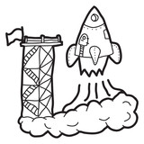 Fototapeta Dinusie - Cartoon doodle illustration of rocket launch into space for t-shirt print design, postcards