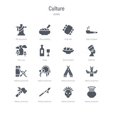 Set Of 16 Vector Icons Such As Native American Pot, Native American Skull, Native American Spear, Tomahawk, Totem, Wigwam, Drum, Amertican Arrows And Quiver From Culture Concept. Can Be Used For