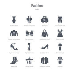 Wall Mural - set of 16 vector icons such as pajamas, jacket with buttons, ties on hanger, warm sock, men tracksuit, high heel shoes, high heel boots, high heel sandals from fashion concept. can be used for web,