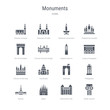 set of 16 vector icons such as greek column, monument site, spain, russia, philippines, denmark, cambodia, church of the holy family from monuments concept. can be used for web, logo, ui\u002fux