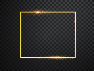 Poster - Golden frame with lights effects. Shining rectangle banner. Isolated on black transparent background. Vector illustration, eps 10.