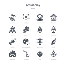 Set Of 16 Vector Icons Such As Rocket Ship, Alien, Big Dipper, Observatory, Comet, Space Station, Destroyed Planet, Asteroid From Astronomy Concept. Can Be Used For Web, Logo, Ui\u002fux